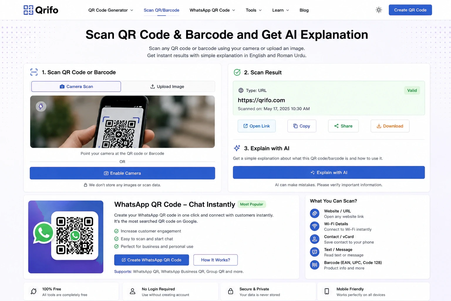 Illustrative Qrifo scanner interface showing camera scan, decoded result and AI explanation options